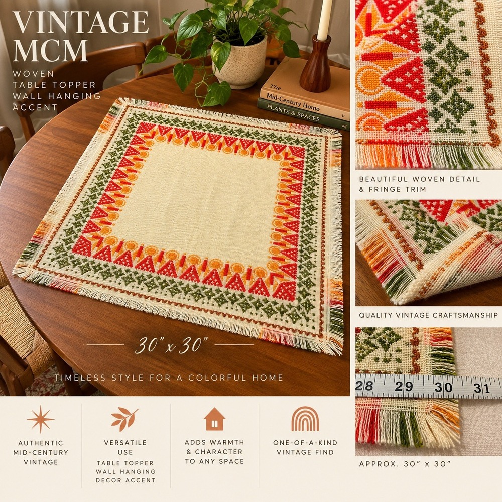Vintage MCM Retro Woven Table Topper Wall Hanging Geometric Orange Green 30x30